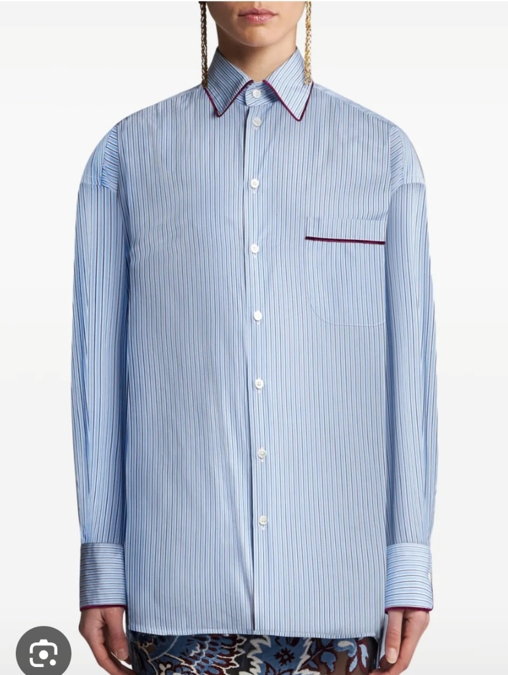 Etro Light Blue Pinstripe Oversized Button-Down Shirt with Velvet Trim